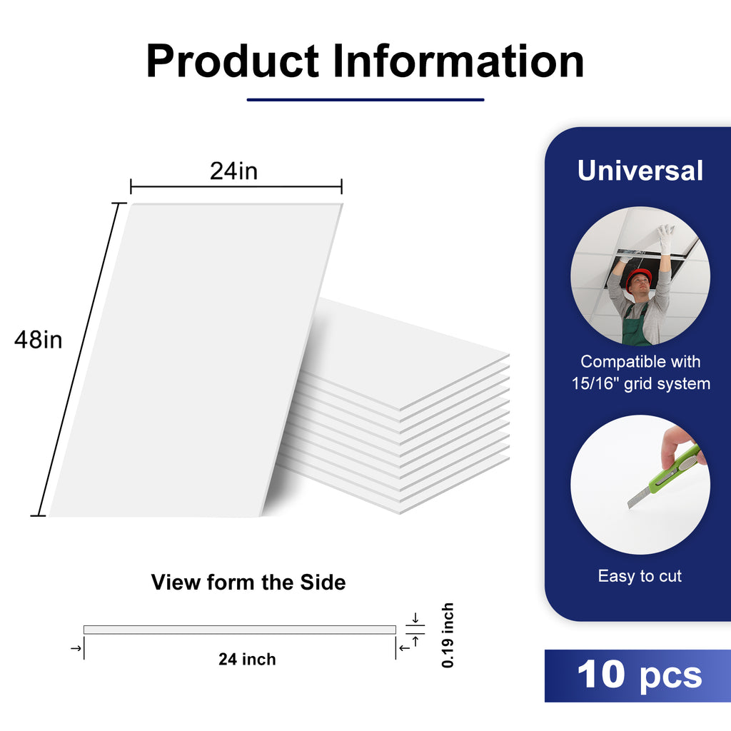 IMXPW Premium PVC Smooth Drop Ceiling Tiles 2ft x 4ft - Waterproof, Fire-Rated, Washable, Drop in Installation - No Rot, Sag, 10-Pack Cover 80 Sq. Ft, White